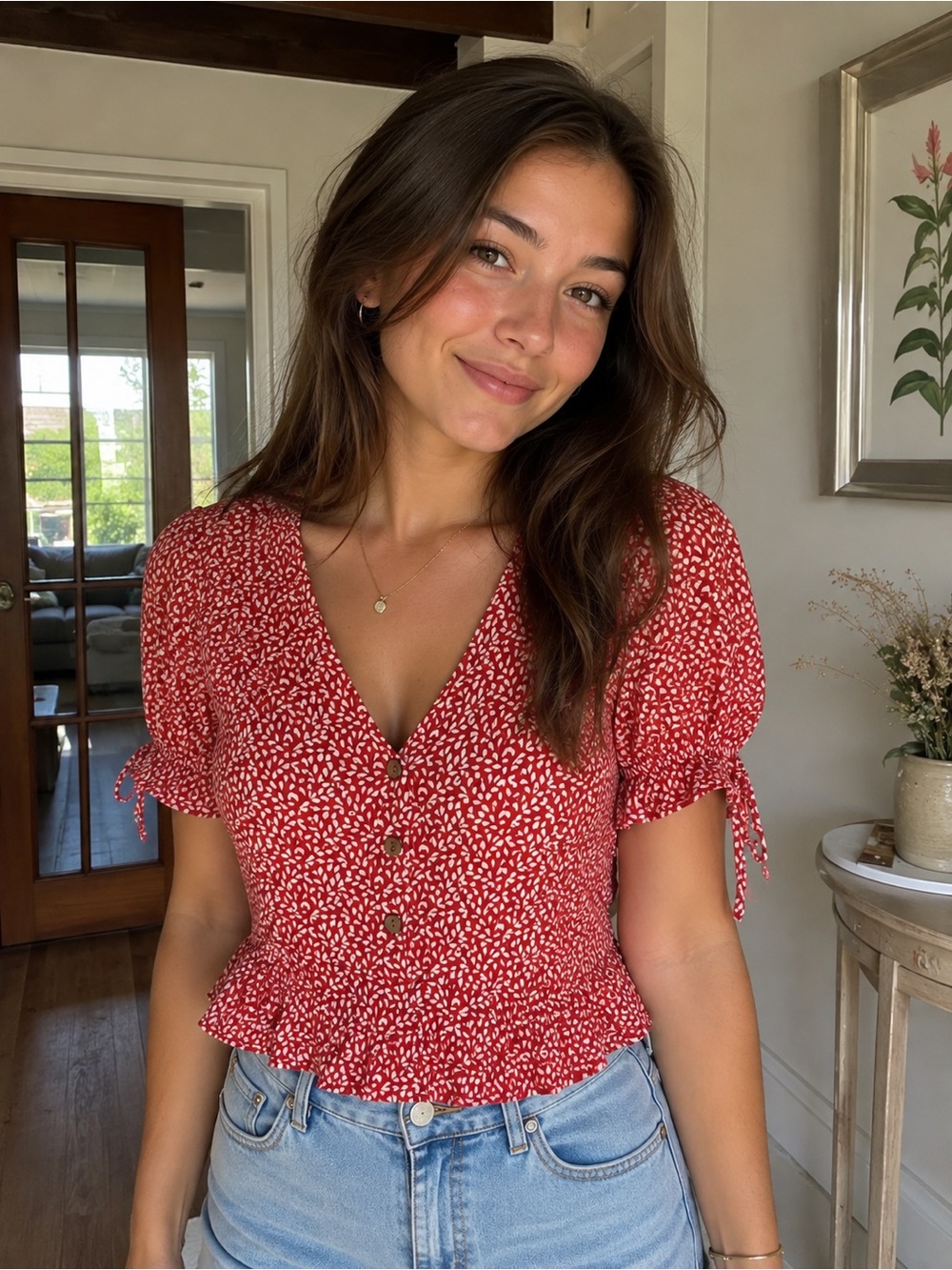 Red Floral Top Peplum Blouse V Neck Shirt Button Front Tie Sleeve Ruffle Top
